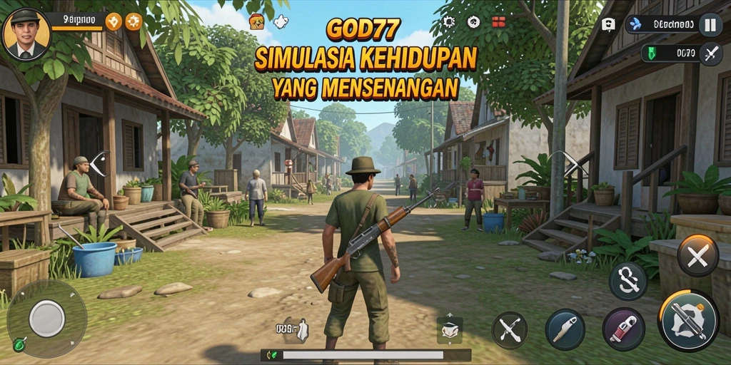 Screenshot utama GOD77 menampilkan karakter dalam gameplay simulasi yang seru.