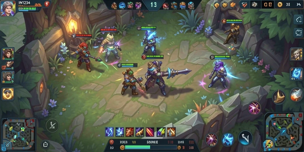 Tampilan gameplay seru dalam pertempuran karakter MOBA.