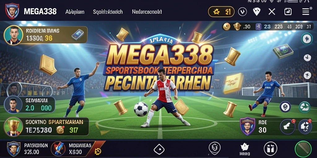 Screenshot utama MEGA338 menampilkan antarmuka aplikasi Sportsbook yang menarik.