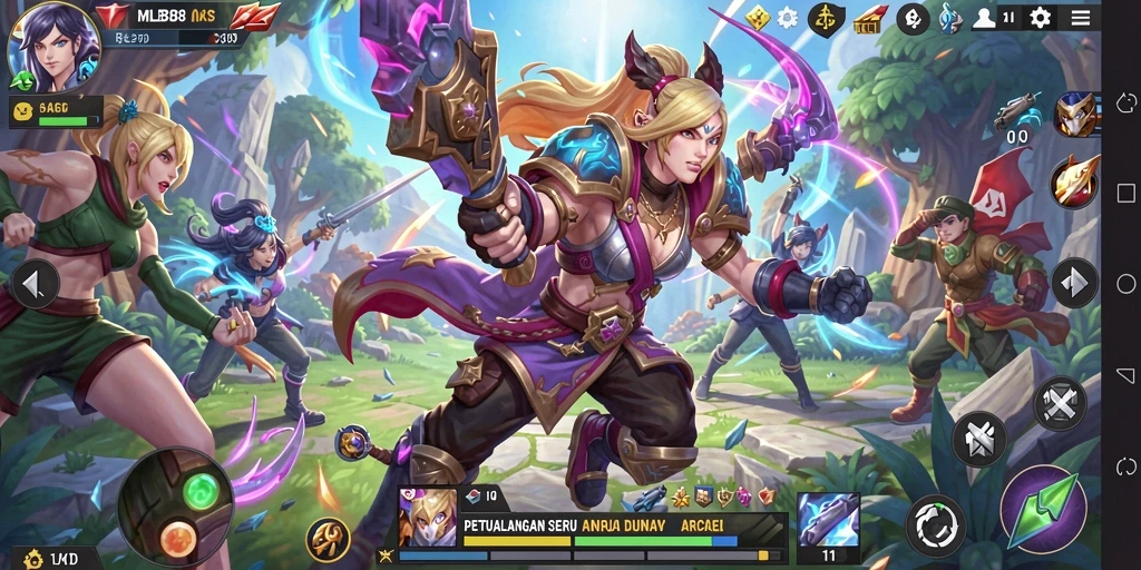 Screenshot utama MLBB8 menampilkan aksi gameplay Arcade yang menegangkan.