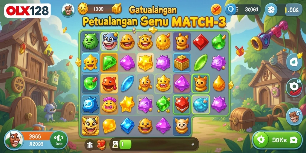 Screenshot gameplay OLX128 yang menunjukkan keseruan level Match-3.