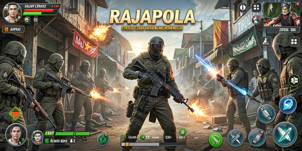 Screenshot gameplay RAJAPOLA yang menampilkan pertempuran taktis.